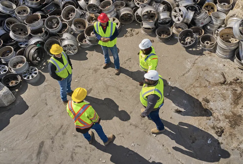 Scrap metal brokers reviewing material at a recycling yard